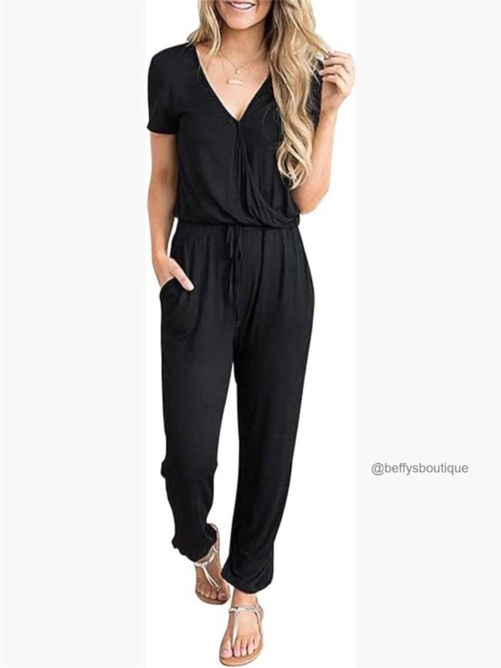 Grace & Lace Black Short-Sleeve V-Neck Jumpsuit